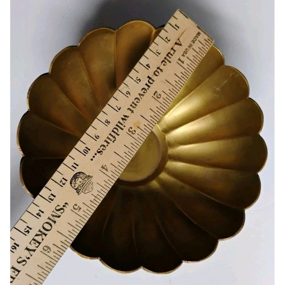 Vintage Solid Brass Lotus Pedestal Bowl Scalloped Edge Catchall Medium 5.5